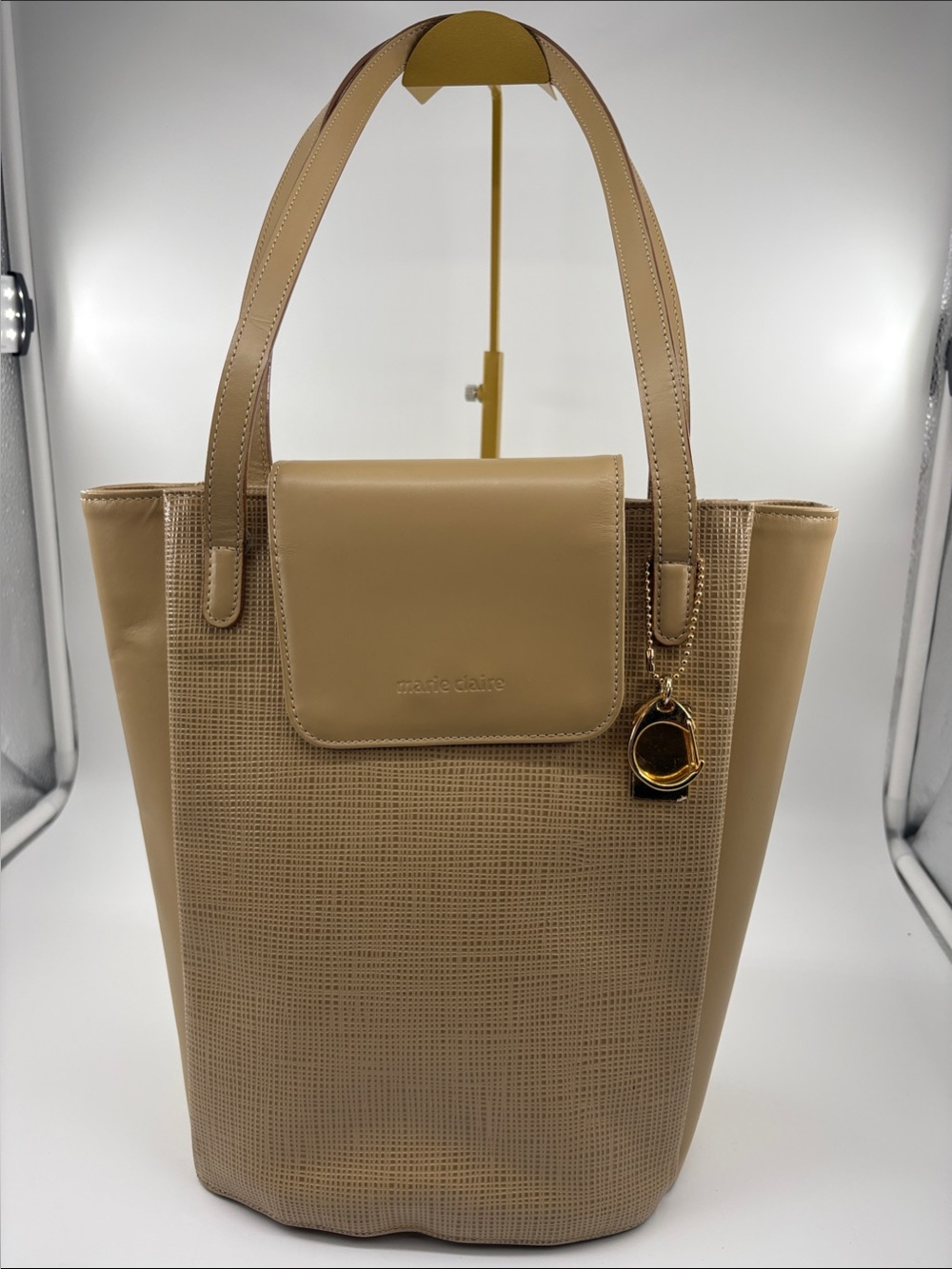 Tan Textured Tote with Gold Charm Accent